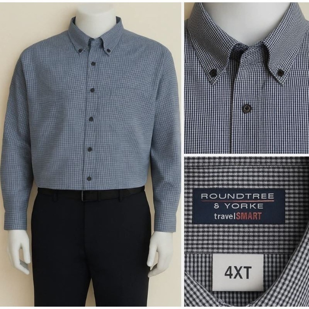 Roundtree & York Shirt‎ Men's 4XT Button-down Blue & White Plaid Travel Business